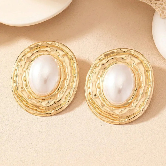 Yellow Gold Women's Geometric Texture Oval Pearl Inlay Pendant Vintage Earrings - Picture 6 of 6